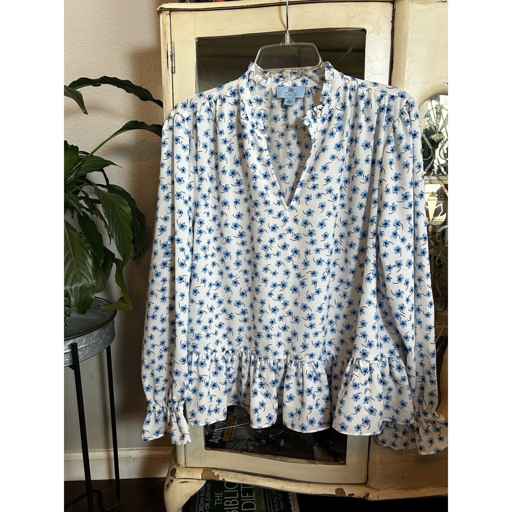 NWT CeCe Womens Sz PXL Top Blouse Tunic Long Sleeve Floral Blue